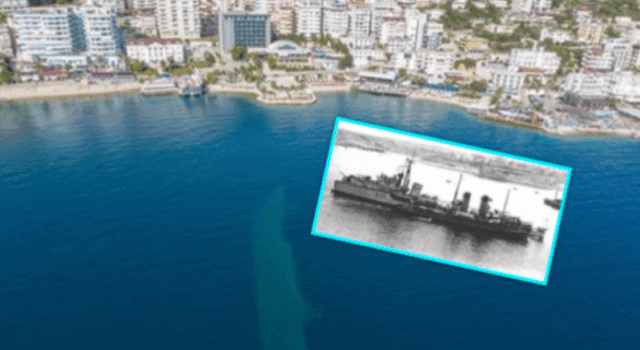Në gjirin e Sarandës fotografohet një anije luftarake e fundosur në ujë Në gjirin e Sarandës fotografohet një anije luftarake e fundosur në ujë